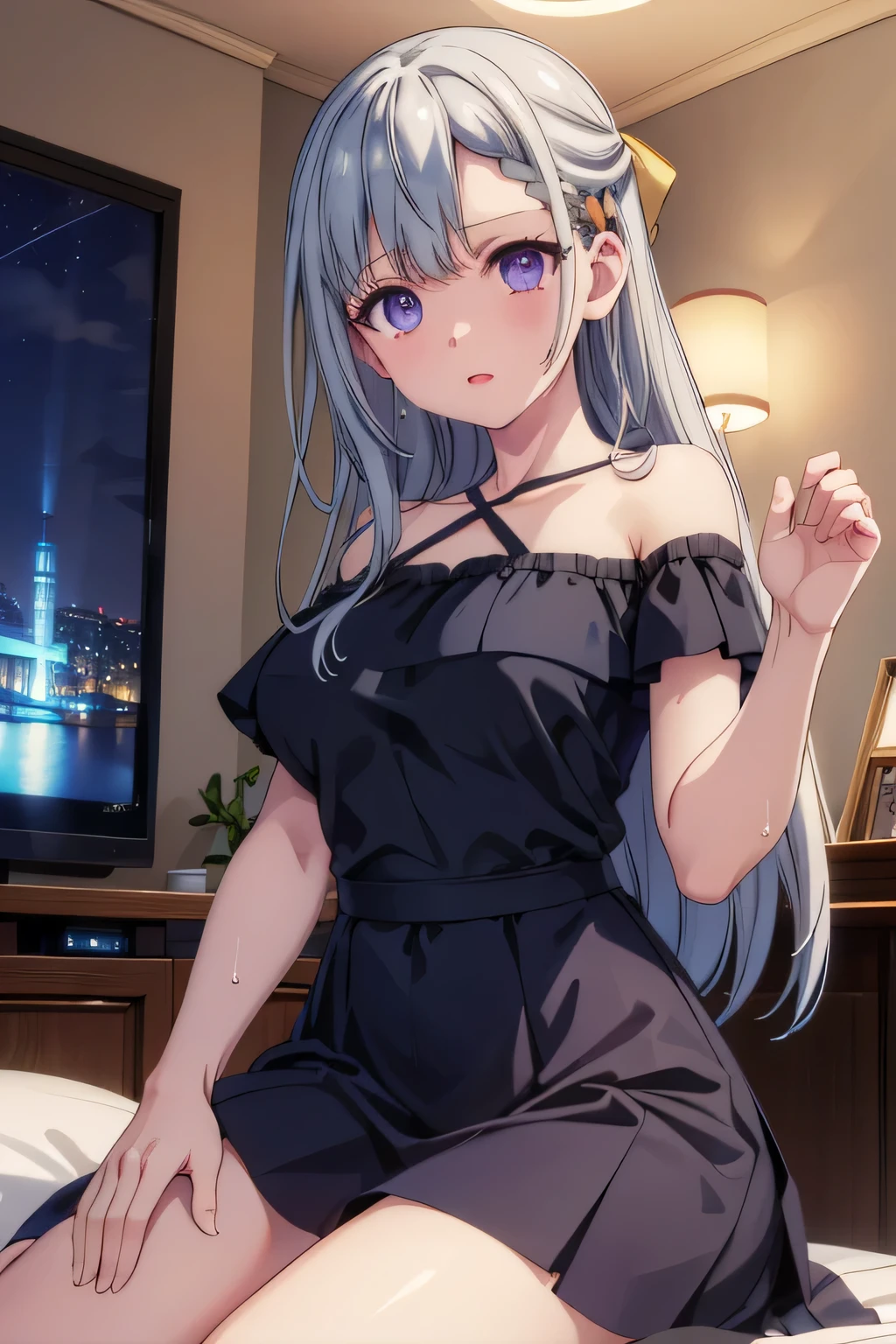 (8k, RAW photo、Super quality、Masterpiece:1.2), Super quality, High resolution, Detailed background, 1 girl, Looking at the audience, sexy Posing, Short dress with exposed shoulders and chest, Very short skirt, Transparent, Happy, (Steam), ((Sweat)), Tempting woman, Inviting lewdness, (Night:1.6), Score_9, Score_8_up, Score_7_up, Score_6_up, Score_5_up, Score_4_up, Source_anime, Detailed, High resolution, Ultra high res, Soft saturation, Professional quality, Perfect contrast, Perfect litthing, Huge breasted, Wide hips, Sensual woman, mature female, milf, motherly, seductive BREAK Close_up, Upper body, fully clothed, collarbone, off-shoulder shirt, (masterpiece: 1.3), (Maximum resolution: 1.2), (Ultra HD TV: 1.2), Cinematic Light, 8K resolution, Detailed facial features, (Sharp focus: 1.2）, Perfect Style, Beautiful Face, Highly detailed face and skin quality感, Beautiful Eyes, ThroughｋBright Eyes, Natural Cheeks, Glowing Skin, full body, High detail, Masterpiece