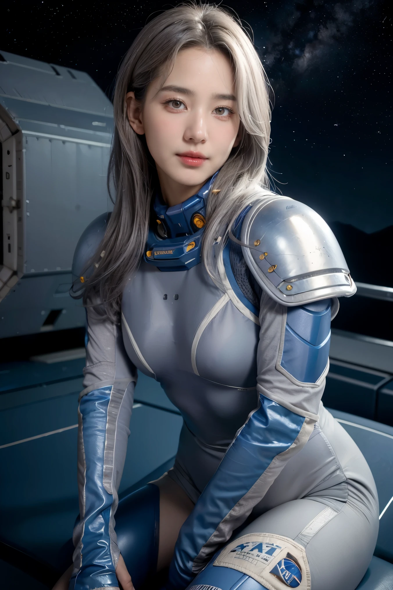 Best Quality, Ultra High Resolution, (Realism: 1.4), Depth of Field, Beautiful Face, (PureErosFace_V1: 0.8), Halfbody, | | 1girl, medium chest, (gray hair: 1.3), innocent smile, natural makeup, | | | Model pose, | | (Spacesuit: 1.3), (Blue Armor: 1.3), Exquisite Design, | | Space Background, Stars_(Sky), Moonlight, Night, | |