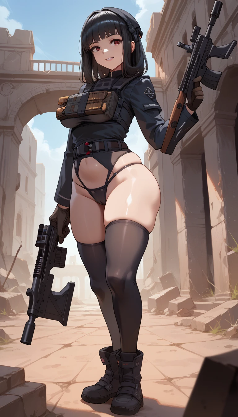 Highest image quality, outstanding details, Ultra high resolution, (Realism: 1.4), best illustration, I prefer details, very tight 1 girl, with a gentle and beautiful face, naked , beautiful breasts, no bra, wearing high-waisted latex tight shorts, view from below, square hairstyle, holding a gun, walking on the road, background - high-tech light scene of the city of the future.