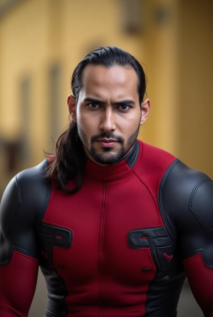 a man with striking facial features, detailed eyes, nose, and lips, photorealistic, dramatic lighting, cinematic bokeh background, moody atmosphere, high contrast, warm color tones, masterpiece, best quality, 8k. beard. grey eyes. wear deadpool costume. fit body. wear spandex red, long black hiar. ponytail hairstyle
