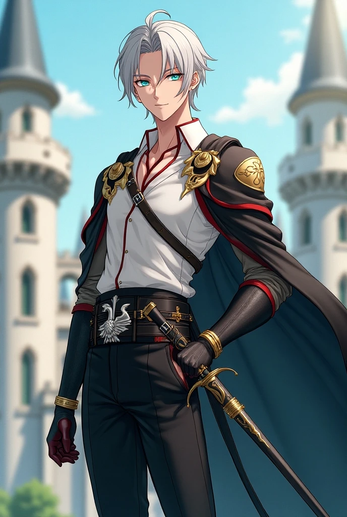 masterpiece, sky, grass, castle on the horizon, trees, field, 1boy, standing, looking at viewer, smile, open mouth, flexing bicep, <lora:BalthusFE3H:0.8> balthusFE3H, gloves, navel, coat, open clothes, belt, boots, muscular, chain