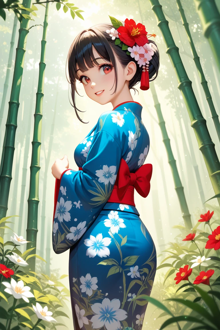 masterpiece, best quality, ultra detailed, beautiful, absurdres, cute,
1girl, 28yo, short, slender, pointy breasts, fair skin, black hair, red eyes, big eyes, 
flower pattern kimono, Luminous bamboo forest, light particles,
happy, standing, looking back, cowboy shot, from behind, from below,