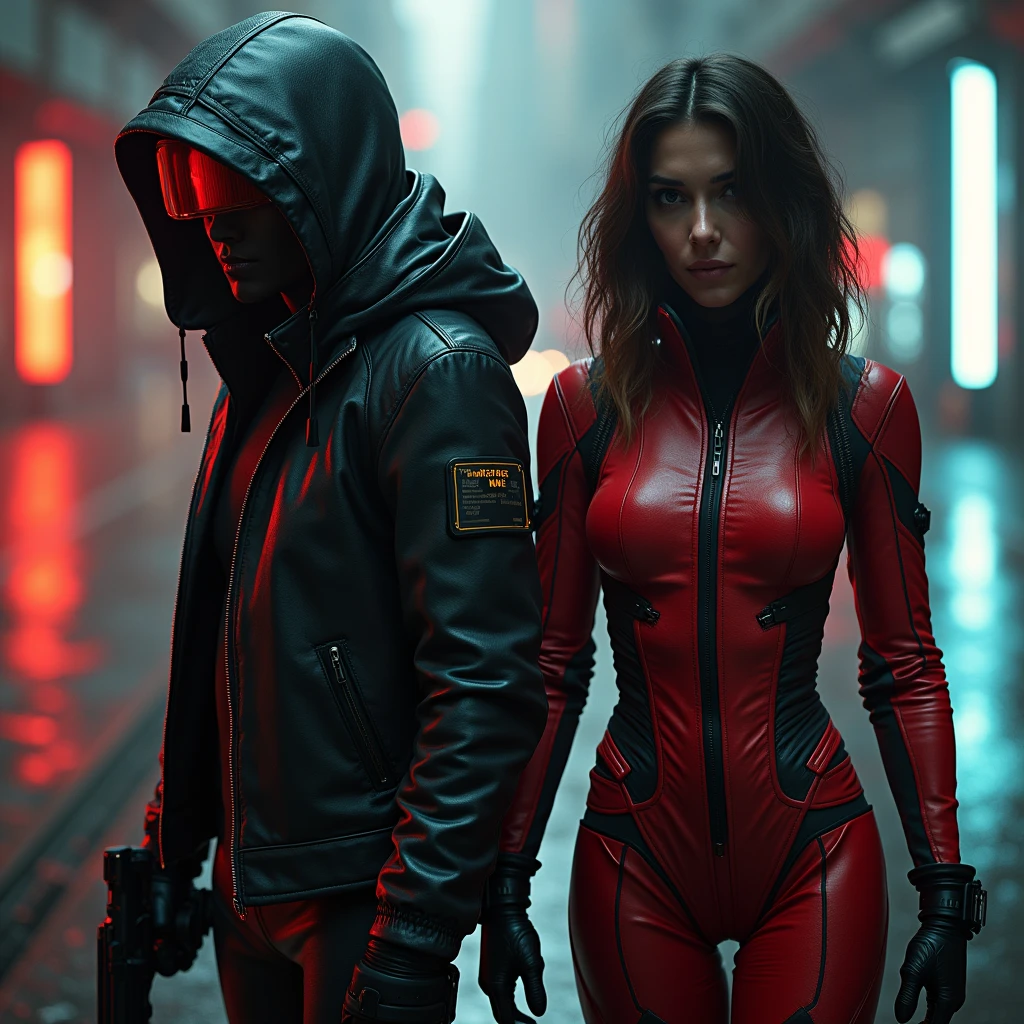 tall man F.E.A.R. operative wearing tactical balaclava and red googles holding sub-machine gun standing with short woman in red dress with tall black hair and pale skin. Her eyes glow red and her height is short. They both standing near the swings and look at chaotic red sky.