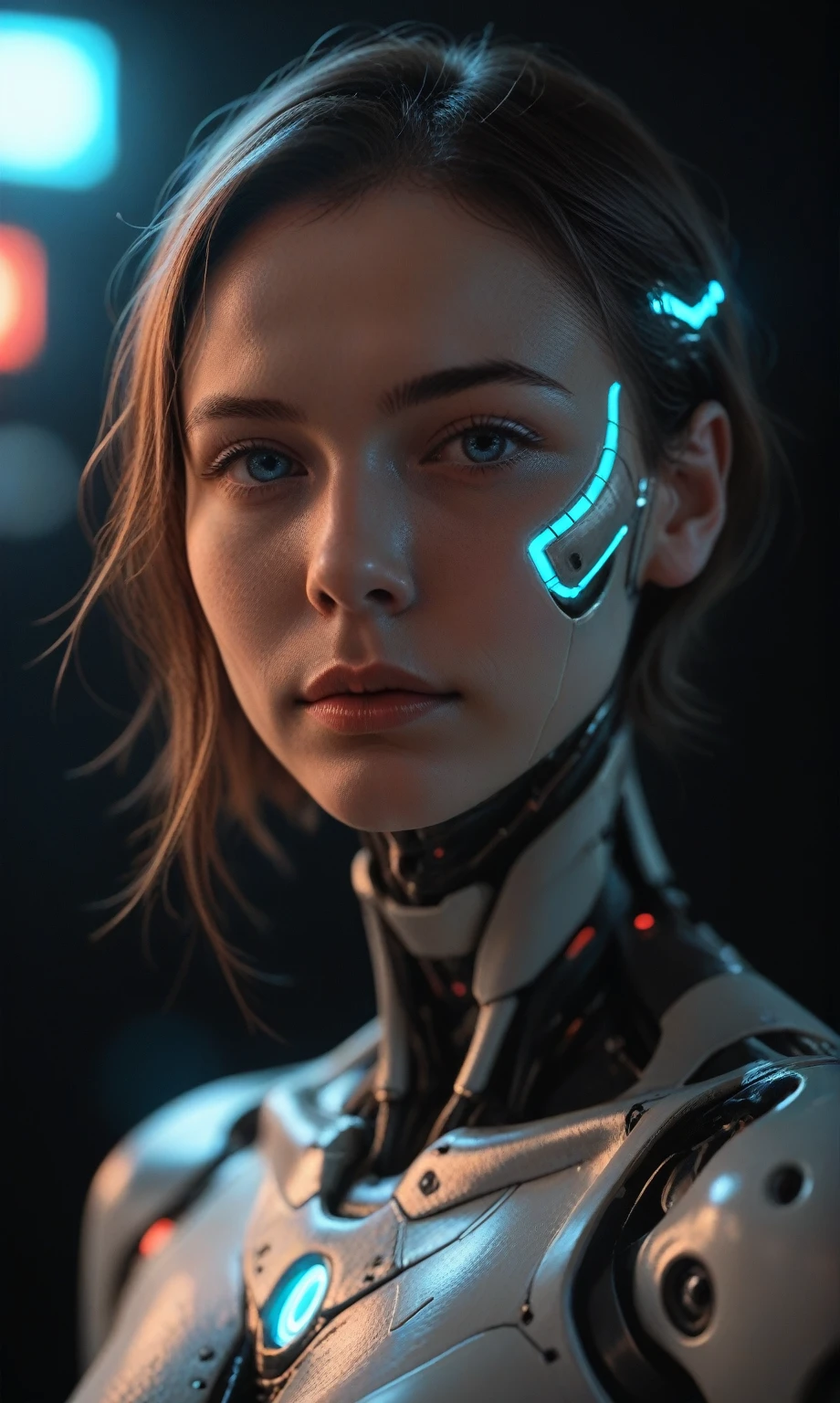 score_9, score_8_up, score_7_up, score_6_up, photo, realism, photorealistic, fantasy photo, portrait, wide angle, (cyborg), mechanical face, mechanical head, robotic body, looking at viewer, depth of field, bokeh, black background, neon glow, blue neon, red neon