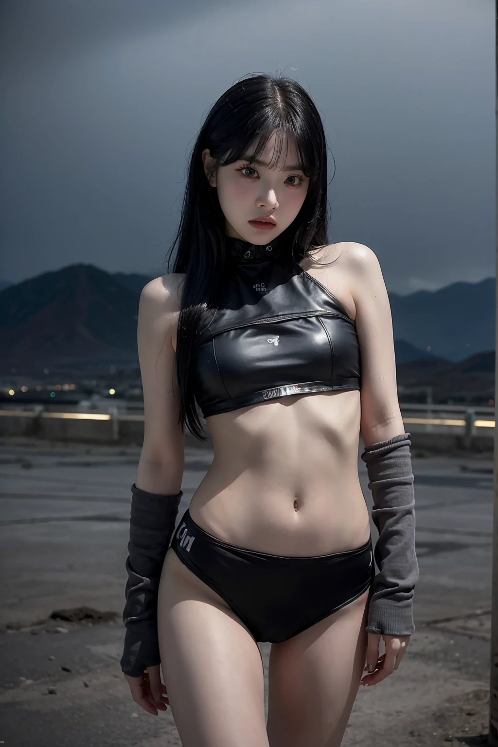 full hd 8k, Girl standing in front of a dark night scene, full moonlight reflecting on her beautiful face. Her long, silky hair was gently blown by the night wind, creating a gentle and romantic feeling. She is walking on a large beach. She looked up at the starry sky, as if searching for something, her eyes showing a pensive and lonely look. The full moon shines in the night sky creating a beautiful scene. The girl has long, silky hair, creating a luxurious and noble beauty. The moonlight shines on the girl's delicate face, highlighting her large, round light brown eyes, creating a natural, gentle beauty. She wore a little sexyly black bikini to create a sexy beauty. Her plump breasts were exposed, revealing her plump and extremely sexy breasts. These images capture detailed panoramic portraits and views of the sky and sea. All create a beautiful, wonderful picture that makes people unable to take their eyes off the scene. All of these details are depicted clearly and sharply, creating sexyly poses,