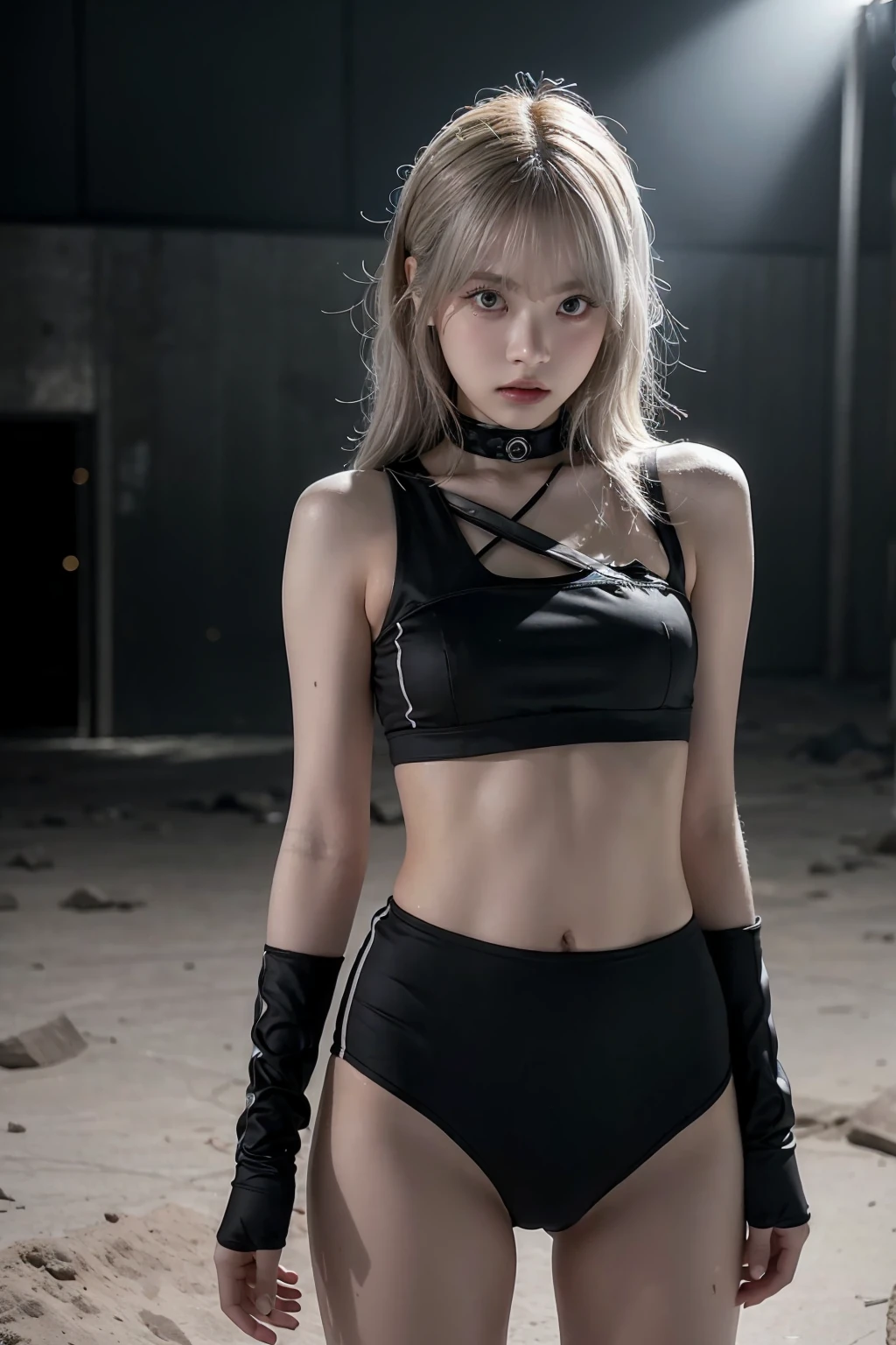 Masterpiece,1 girl,Solo,Silver hair,Hair intake,Torn clothes,Handcuffs,Chain,Navel,Tears,Empty-handed
