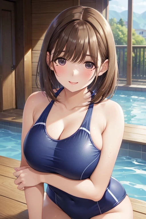 my grandmother、 shiny chestnut hair , short hair,、 very detailed faces , , cowboy shot 、
( best quality, masterpiece:1.2), 非常に High Resolution ,  High Resolution ,
Only for women、Best Quality、Best Quality、



 look at me with a big smile 、
Swimming Club　 school swimsuit　 beautiful girl with high breasts　 Short Bob