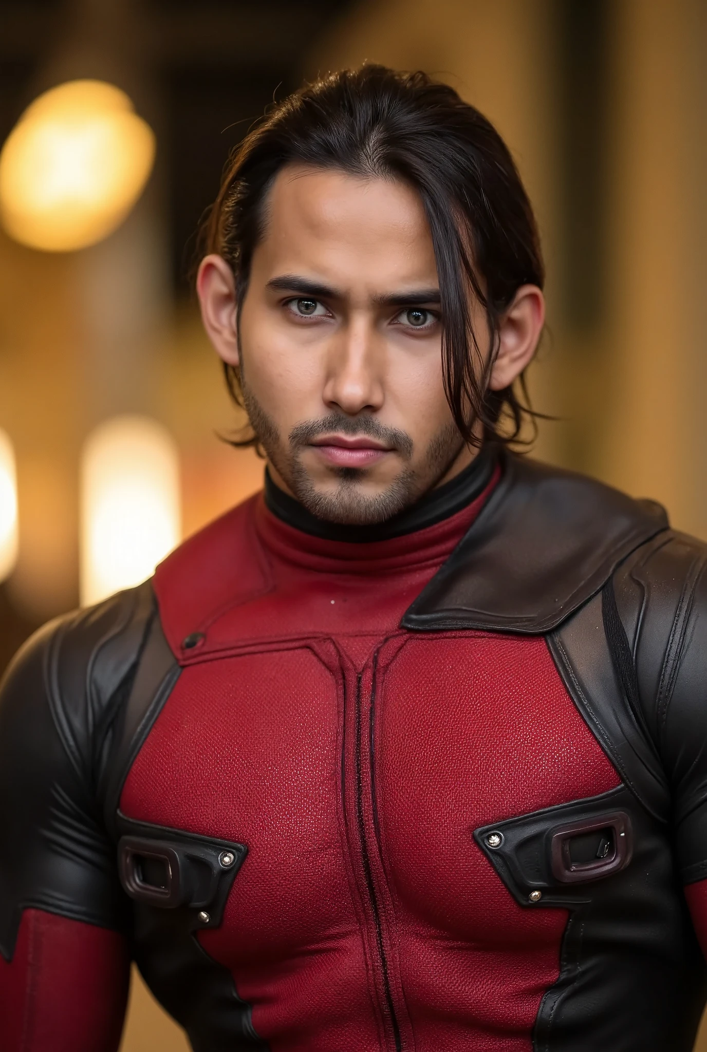 a man with striking facial features, detailed eyes, nose, and lips, photorealistic, dramatic lighting, cinematic bokeh background, moody atmosphere, high contrast, warm color tones, masterpiece, best quality, 8k. beard. grey eyes. wear deadpool costume. fit body. wear spandex red, long black hiar. ponytail hairstyle
