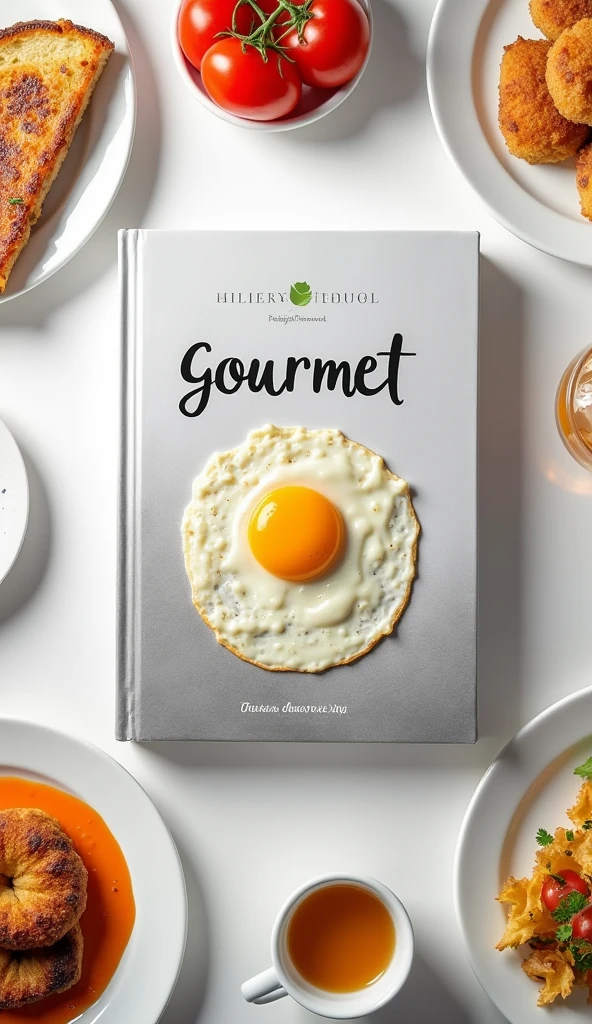 A cookbook with the title "Gourmet" with a picture of a delicate looking gourmet food. Surrounding the cookbook are variety of expensive looking gourmet food. White background and white plates.