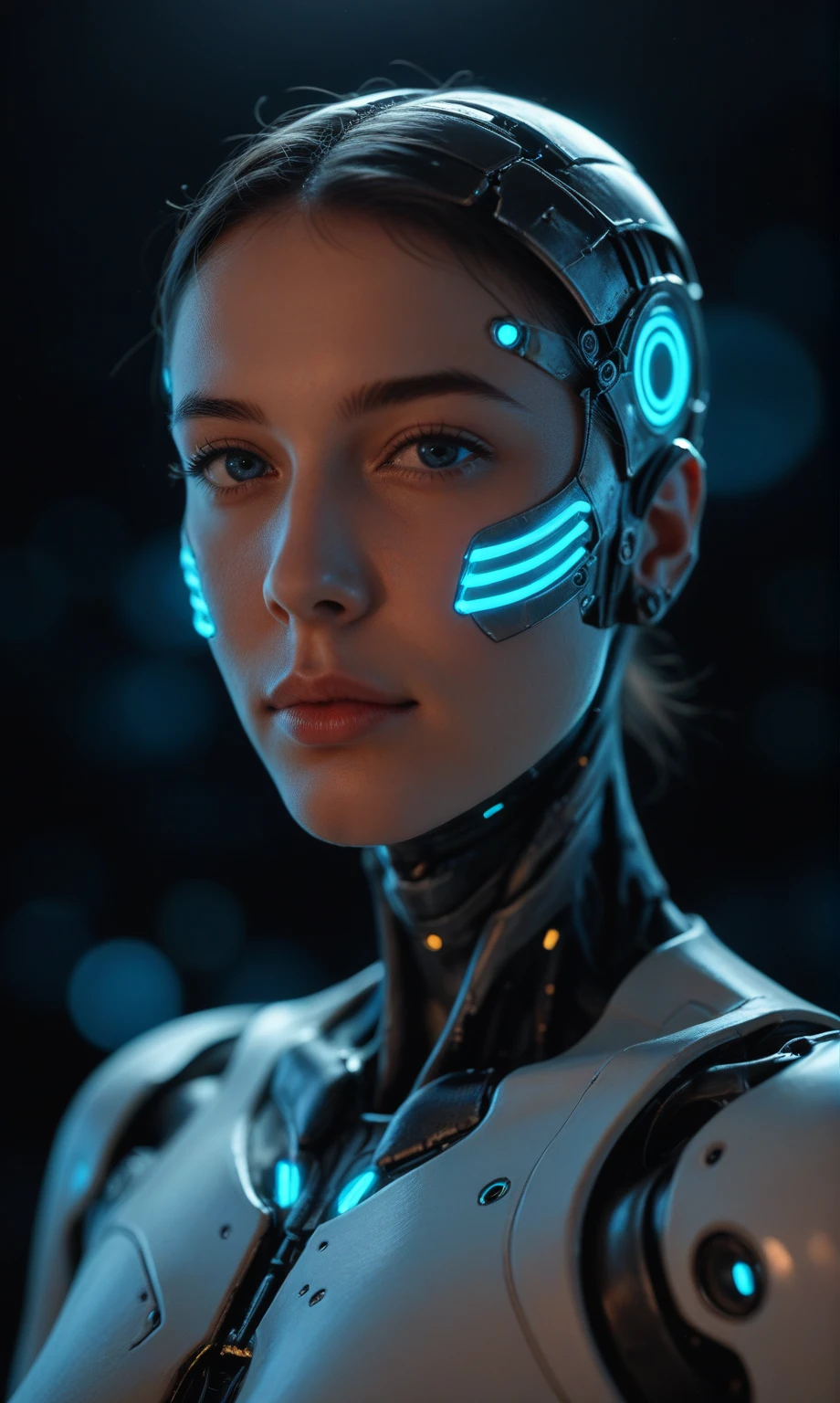 score_9, score_8_up, score_7_up, score_6_up, photo, realism, photorealistic, fantasy photo, portrait, wide angle, (cyborg), mechanical face, mechanical head, robotic body, looking at viewer, depth of field, bokeh, black background, neon glow, blue neon, red neon