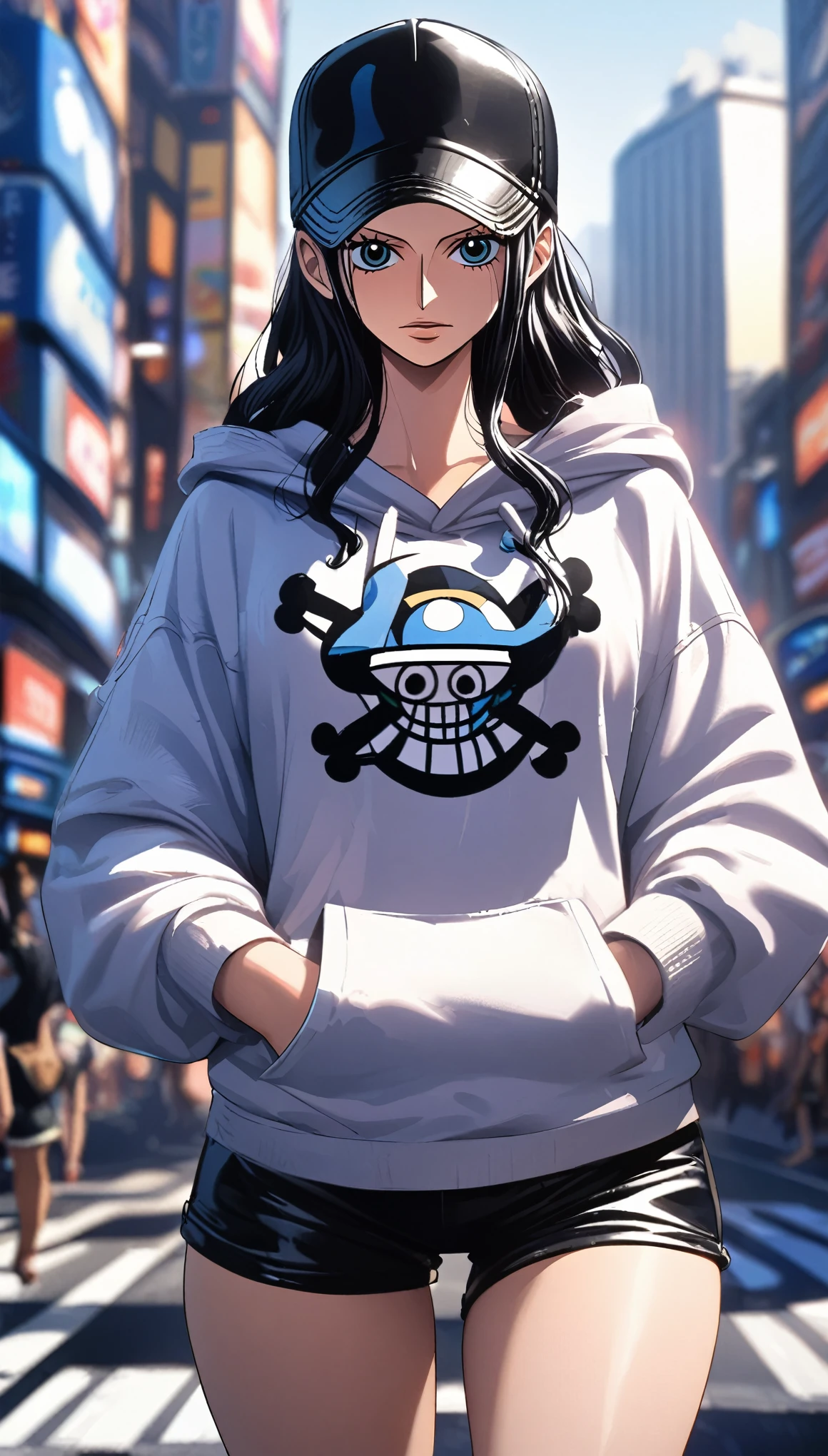 masterpiece, best quality, intricate details, 1 girl, woman, black hair, nico robin \ (one piece\), baseball cap, oversized hoodie, black shorts, female focus, outdoors, city, looking at viewer, ((front view)) ((close up shot)) ((solo)) detailed, very high resolution, no blurry image, standing, cowboy shot, blue eyes, ((nico robin from one piece)) ((female nico robin from one piece)), outdoors, city