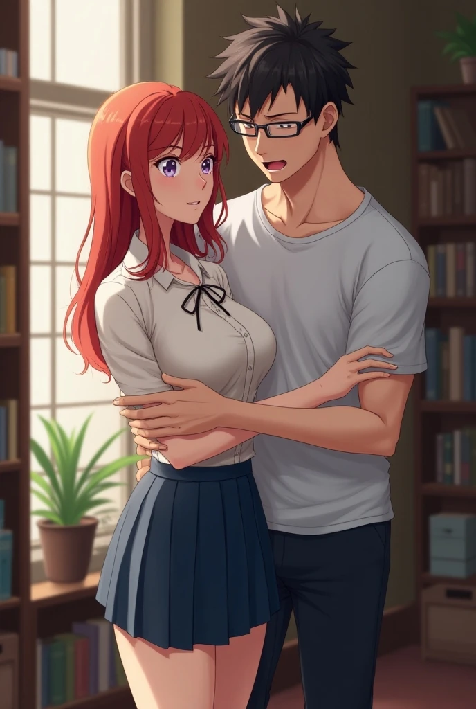 1girl (takashirohiroko, red hair, round green earrings, head tilted back and looking upwards, eyes closed, unbuttoned white blouse, facial expression : blushing, orgasm)), man sucking breast, 1boy (blue hair, school uniform, grabbing woman's breast),  from side, upper body, backlighting, masterpiece, best quality, highly detailed, nsfw, ((hand in panties)), fingering, schlick, masturbation, in a classroom, sweating, 