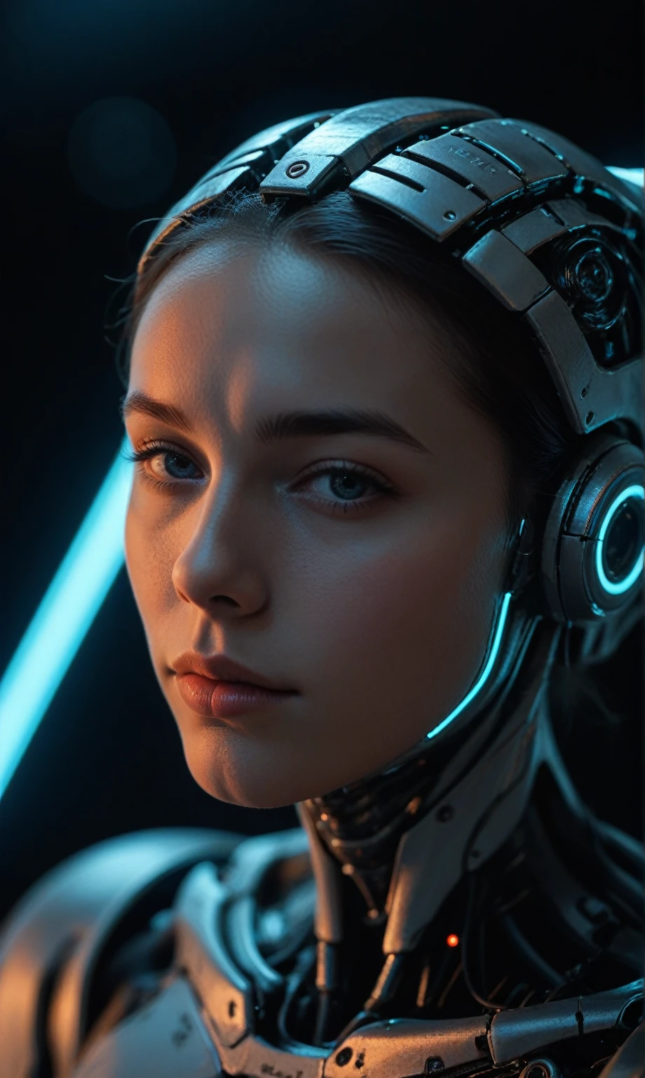 score_9, score_8_up, score_7_up, score_6_up, photo, realism, photorealistic, fantasy photo, portrait, wide angle, (cyborg), mechanical face, mechanical head, robotic body, looking at viewer, depth of field, bokeh, black background, neon glow, blue neon, red neon