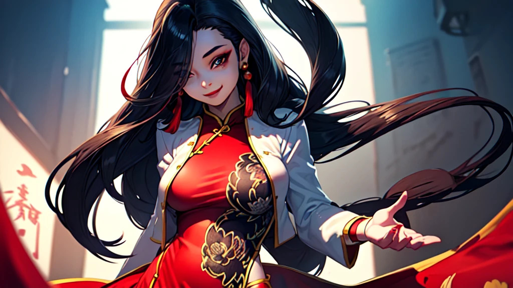 masterpiece:1.5, shenhua, Delicately drawn face, Delicately drawn makeup, Delicately drawn eyes, White Midriff jacket, chinese clothes, red china dress, (red china dress is long front), thigh strap, earrings, black hair, 1girl, solo, on stomach, smile. Delicate use of colour, Walking:1.5,