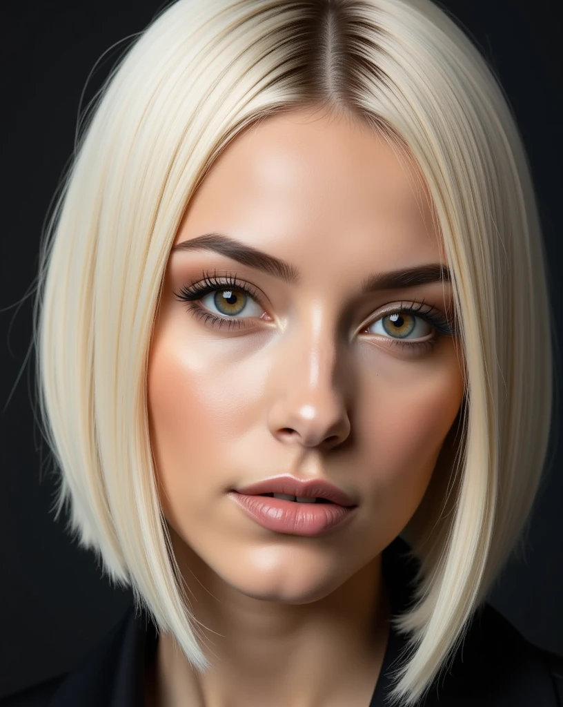 Close-up portrait of Nexia a young woman with a striking asymmetrical haircut:
A short, asymmetrical blonde haircut with one side significantly shorter than the other. The shorter side descends to the mouth, while the longer side falls in soft layers down to just below the chin. The hair has a sleek, smooth texture. The parting is sharply defined and positioned far to the side, almost at the edge of the head, creating a strong contrast between the lengths of the hair. The overall look is edgy, modern, and stylish, with the blonde color adding a bright, striking effect.
Image style: High-fashion editorial, ultra-sharp focus, hyper-realistic detail