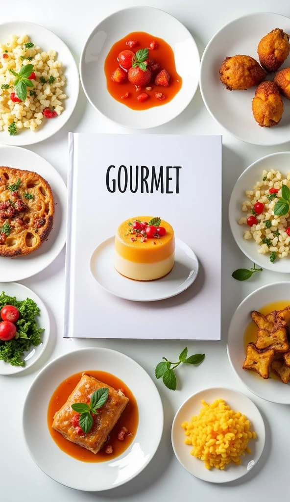 A cookbook with the title "Gourmet" with a picture of a delicate looking gourmet food. Surrounding the cookbook are variety of expensive looking gourmet food. White background and white plates.