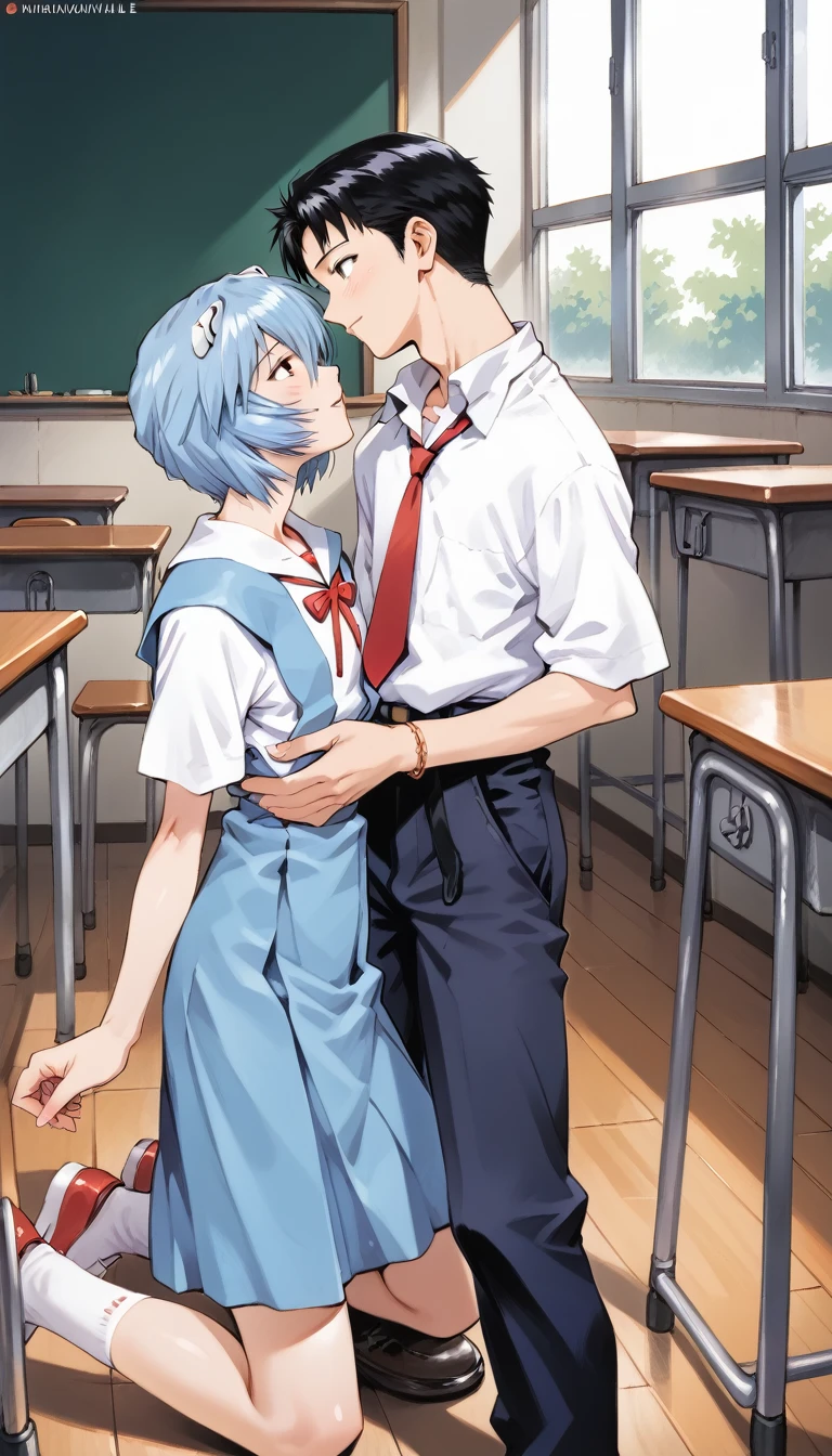 Score_9, Score_8_up, Score_7_up, rating_questionable, a high resolution photograph of Japanese couple, masterpiece, best quality, hetero, couple, (1girl, ayanami rei in school uniform, Tokyo3UniformFemale, kneeling), BREAK, (1boy, ikari shinji in school uniform, collared shirt, pants, Tokyo3UniformMale, standing). BREAK, (couple having oral sex, deepthroat). indoors, school classroom,