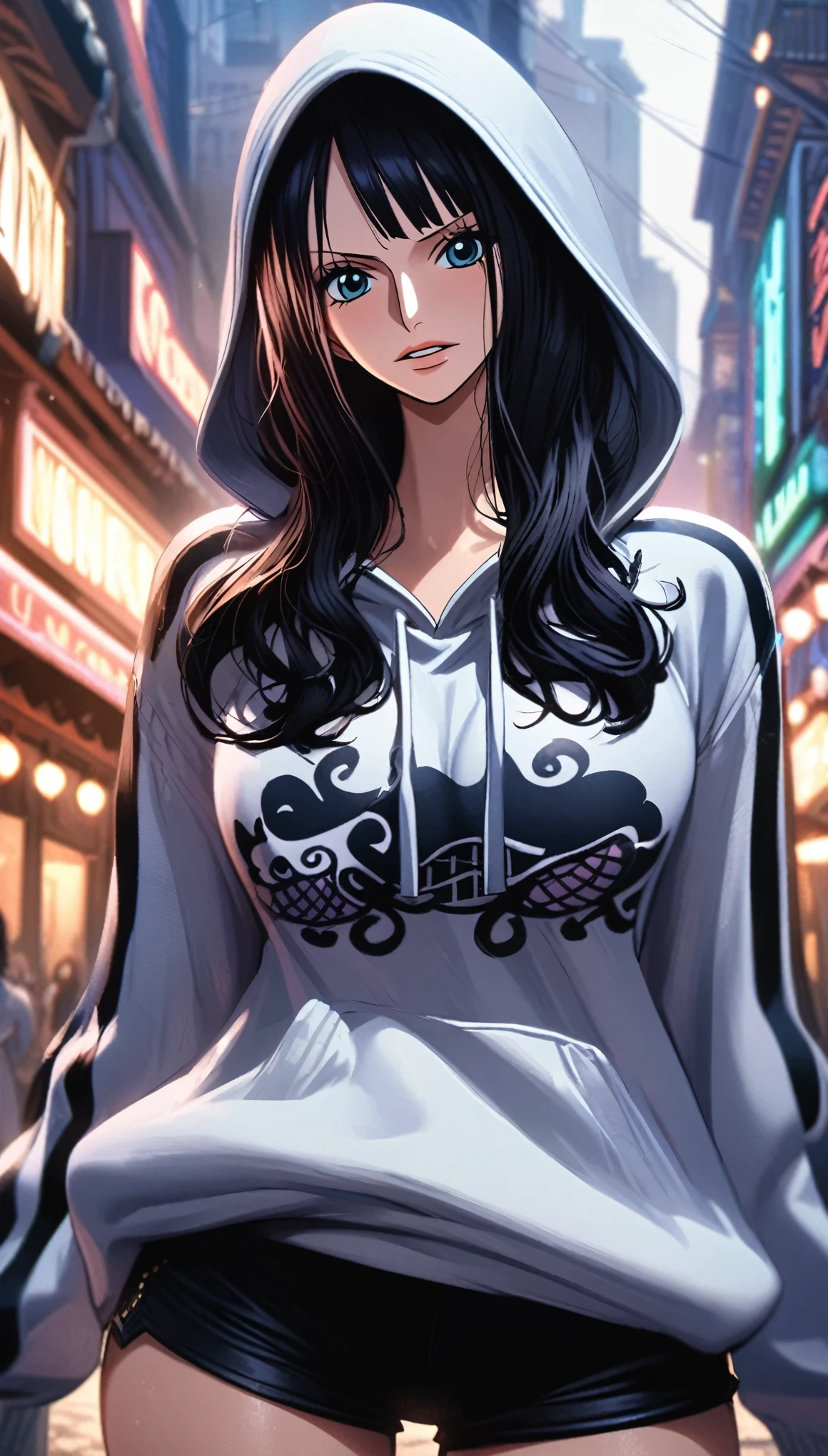 masterpiece, best quality, intricate details, 1 girl, woman, black hair, nico robin \ (one piece\), oversized hoodie, head hood, black shorts, female focus, outdoors, city, looking at viewer, ((front view)) ((close up shot)) ((solo)) detailed, very high resolution, no blurry image, standing, cowboy shot, blue eyes, ((nico robin from one piece)) ((female nico robin from one piece)), outdoors, city