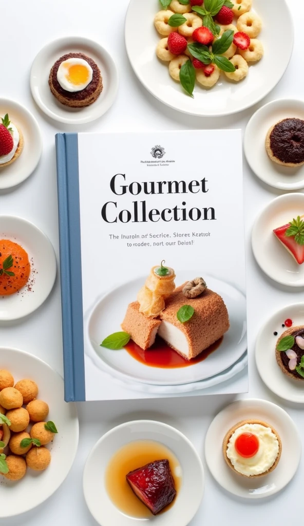 A cookbook with the title "Gourmet Collection" with a picture of a delicate looking gourmet food. Surrounding the cookbook are variety of expensive looking desserts. White background and white plates.