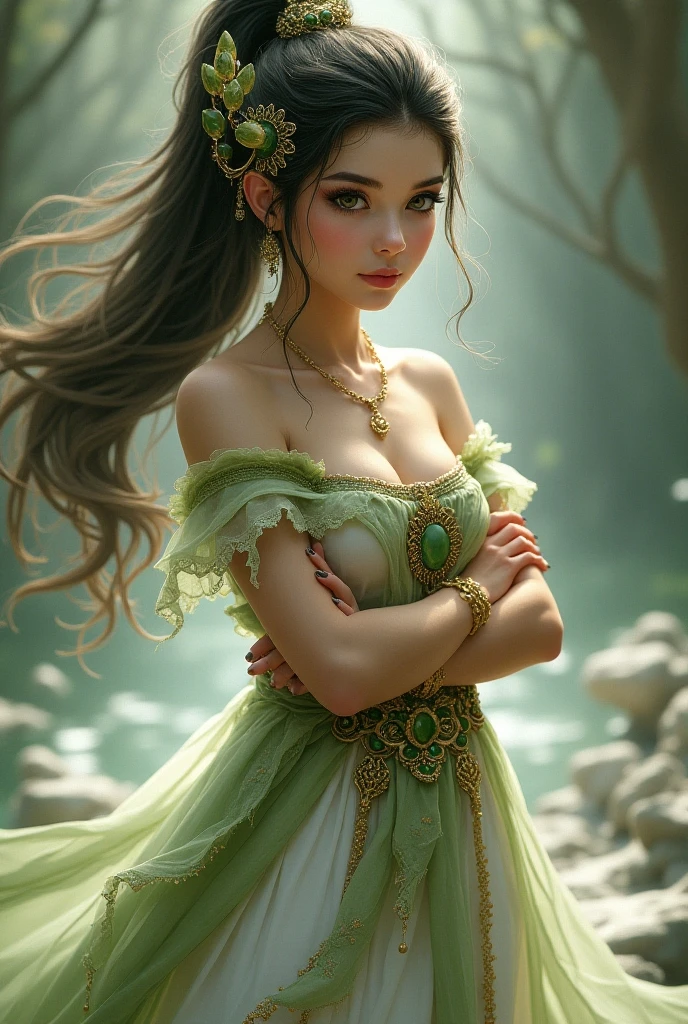 epic realistic, (dark shot:1.4), 80mm, Create a portrait of a woman with long, dark hair. She has a mysterious expression, gazing at the viewer with a slight tilt of her head. She is simply dressed, with an arm wrapped around a tree branch that also resembles a brain cell. The background features a forest of blue, impressionistic leaves, with an eerie white light shining through and a gradient shadow on the top part of the woman's face. Use a backlighting effect to add depth to the image. impressionistic painting style, john singer sarget, anders zorn, blue pallette, wider show with more background and forest, (natural skin texture, hyperrealism, soft light, sharp:1.2), soft light, sharp, exposure blend, medium shot, bokeh, (hdr:1.4), high contrast, (cinematic, teal and orange:0.85), (muted colors, dim colors, soothing tones:1.3), low saturation, (hyperdetailed:1.2), (????:0.4), (intricate details:1.12), hdr, (intricate details, hyperdetailed:1.15), faded, (neutral colors:1.2), art, (hdr:1.5), (muted colors:1.1), (pastel:0.2), hyperdetailed, (artstation:1.4), warm lights, dramatic light, (intricate details:1.2), vignette, complex background, rutkowski,