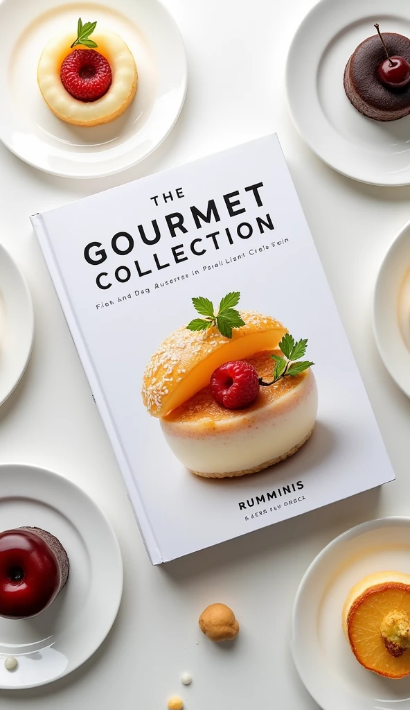 A cookbook with the title "Gourmet Collection" with a picture of a delicate looking gourmet food. Surrounding the cookbook are variety of expensive looking desserts. White background and white plates.