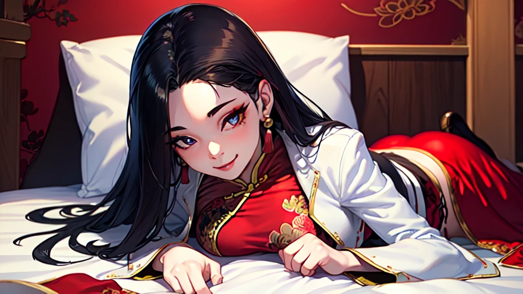 masterpiece:1.5, shenhua, Delicately drawn face, Delicately drawn makeup, Delicately drawn eyes, White Midriff jacket, chinese clothes, red china dress, (red china dress is long front), thigh strap, earrings, black hair, 1girl, solo, from side, wide shot, looking at viewer, lying on bed, on stomach, smile. Delicate use of colour,