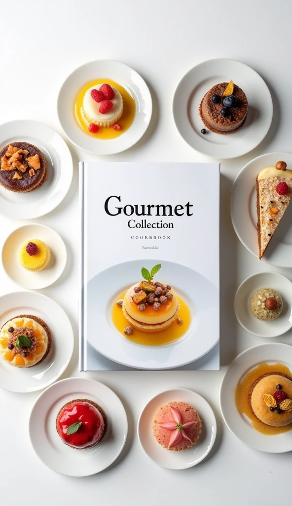 A cookbook with the title "Gourmet Collection" with a picture of a delicate looking gourmet food. Surrounding the cookbook are variety of expensive looking desserts. White background and white plates.