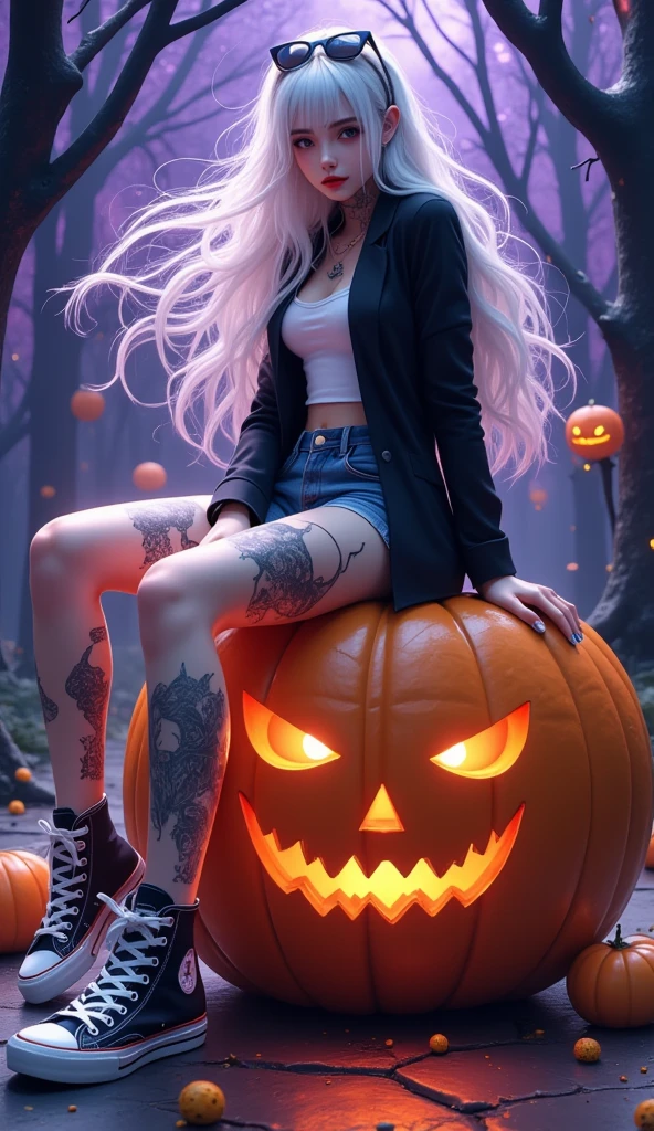  drawing anime cartoon , Photo of a woman sitting on a giant pumpkin, ((  woman with long white hair ,blue,ผมblue, I'm moving. , Sharp face, Serious face,  red lips, White top, Koh Lok,  Black blazer, Jeans,Shorts, canvas shoes,  thick mascara  ,  sunglasses on my hair  ,  tattoos on thighs )) , dynamic movement , Posting dynamic , Halloween, Pumpkin Ghost, floor, Desolate,   Devil Tree  , Night time,    Full Body Image ,    3D rendering , Camera angle, side view 