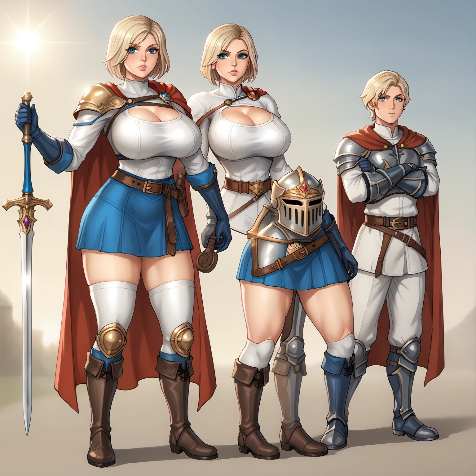 powergirl,  warrior paladin wearing paladin clothing, voluptuous body,  Big breasts, medieval, isekai, ,  full armor with cape , High combat boots , sword, warrior skirt 
