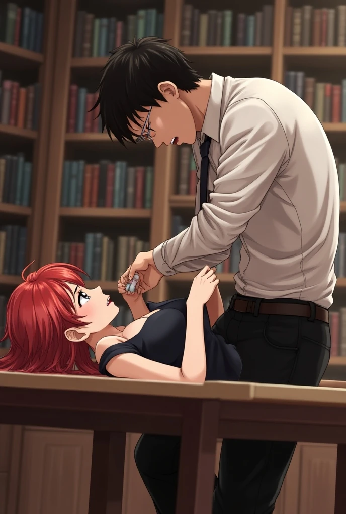 Side view, 1 girl, anatomically correct, on all fours, white office shirt, black pair of pants, long red hair, green eyes, huge boobs, giving a blowjob to a man, giving a blowjob to a man, girl giving blowjob, blowjob side view, 8k, best quality