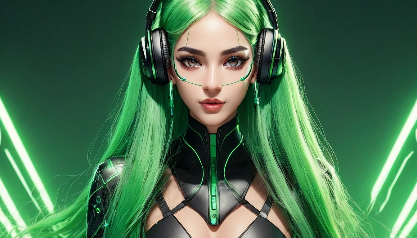 girl with long green hair, green eyes, futuristic vibes, mask on mouth, headphones, 8k, high quality, simple background, glowing eyes, nice pose