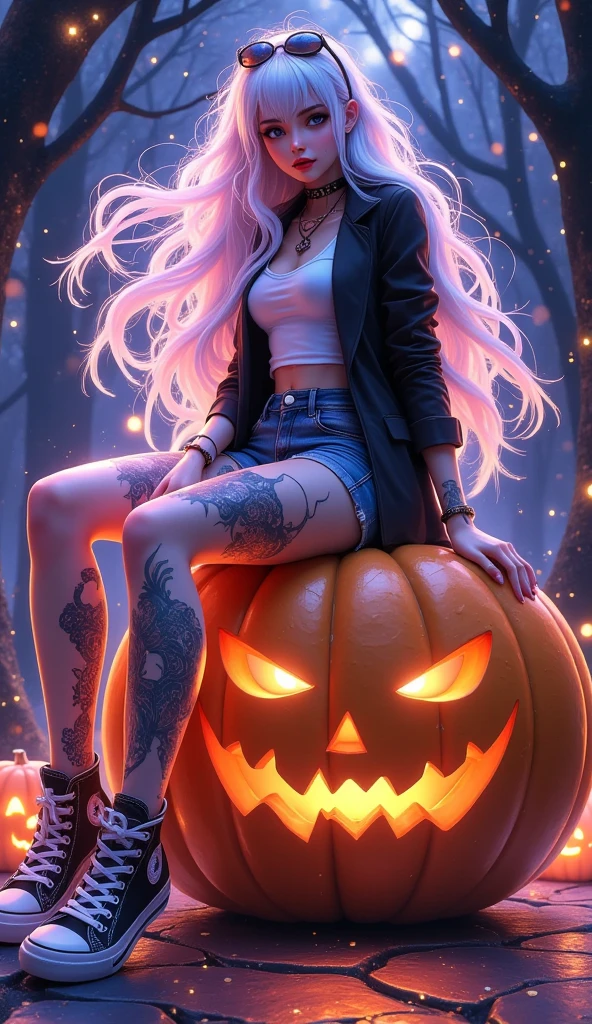  drawing anime cartoon , Photo of a woman sitting on a giant pumpkin, ((  woman with long white hair ,blue,ผมblue, I'm moving. , Sharp face, Serious face,  red lips, White top, Koh Lok,  Black blazer, Jeans,Shorts, canvas shoes,  thick mascara  ,  sunglasses on my hair  ,  tattoos on thighs )) , dynamic movement , Posting dynamic , Halloween, Pumpkin Ghost, floor, Desolate,   Devil Tree  , Night time,    Full Body Image ,    3D rendering , Camera angle, side view 