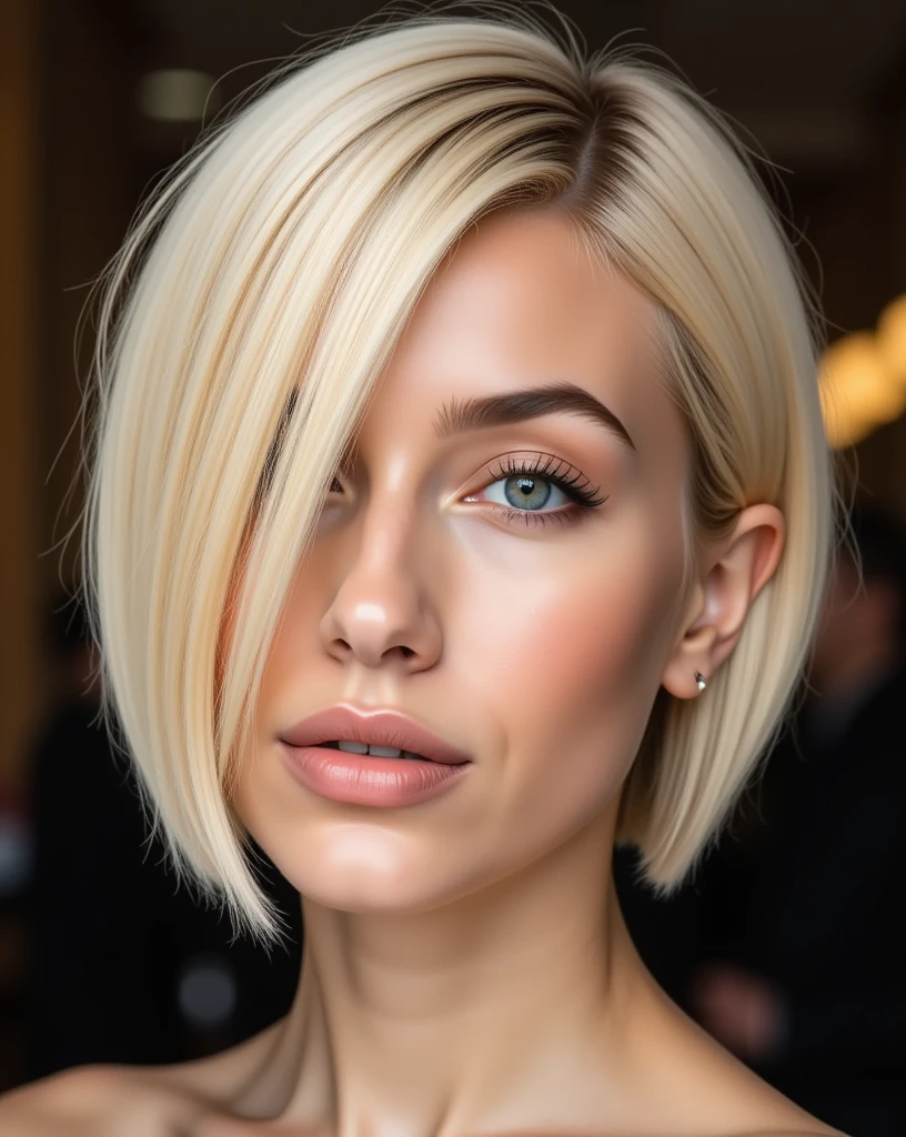 Close-up portrait of Nexia a young woman with a striking asymmetrical haircut:
Short, asymmetrical cut with one side significantly shorter on the right than the other. On the right side the short side descends to the mouth, while on the left it falls in soft layers up to just below the chin. The hair has a smooth texture. The separation is well defined and positioned far on the side near the ear, creating a strong contrast between hair lengths. The overall look is sharp, modern and elegant, with the blonde color adding a bright and striking effect.
Image style: High-fashion editorial, ultra-sharp focus, hyper-realistic detail