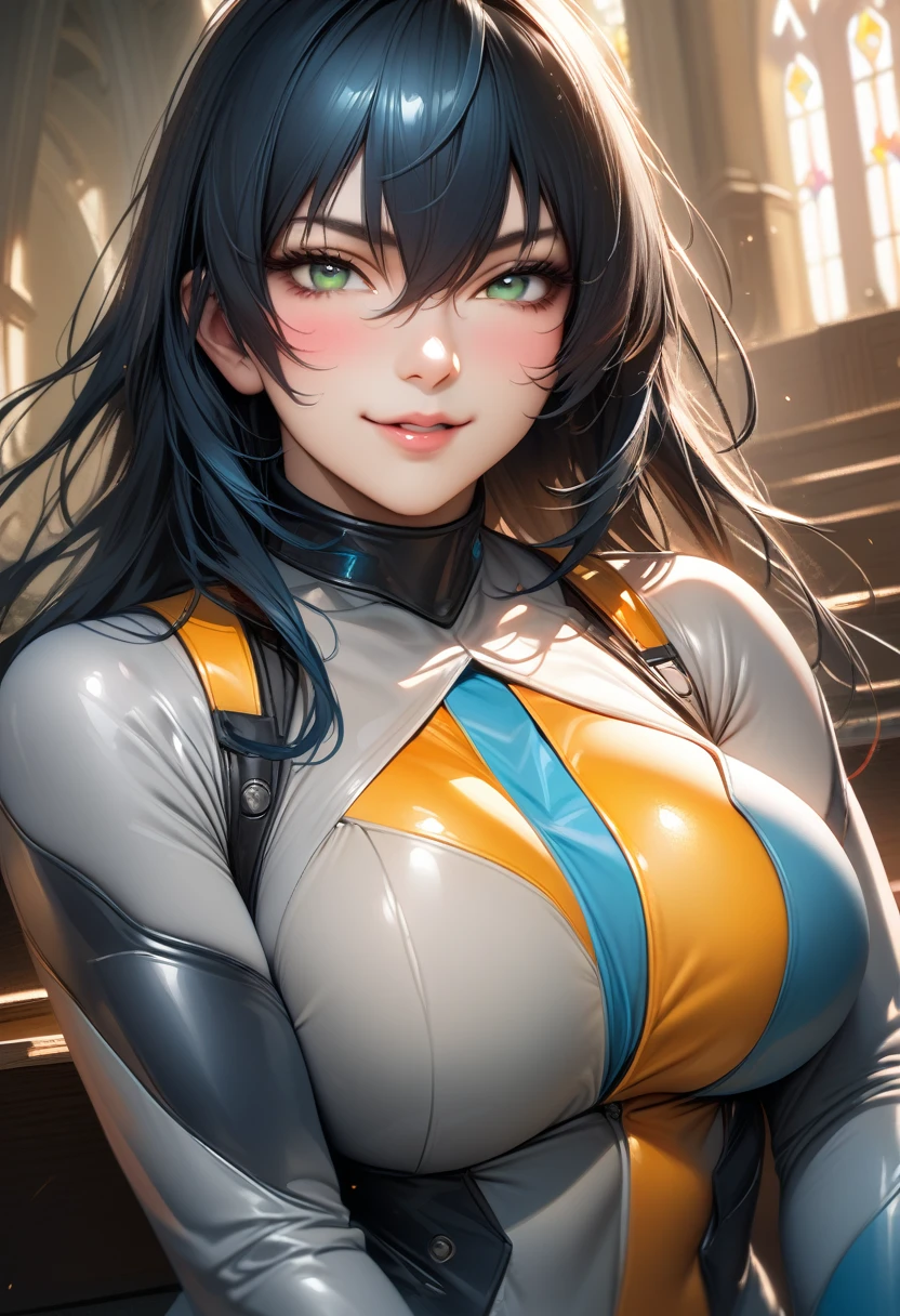 Igawa_Asagi, 1girl, long hair, hair between eyes, black hair, blue hair, green eyes,perfect anatomy, masterpiece, best quality,realistic, hyperrealistic, 16k hdr,1girl, large breasts,(Angelic suit:1.1),sexy pose, upper body, church,red blush,smile,