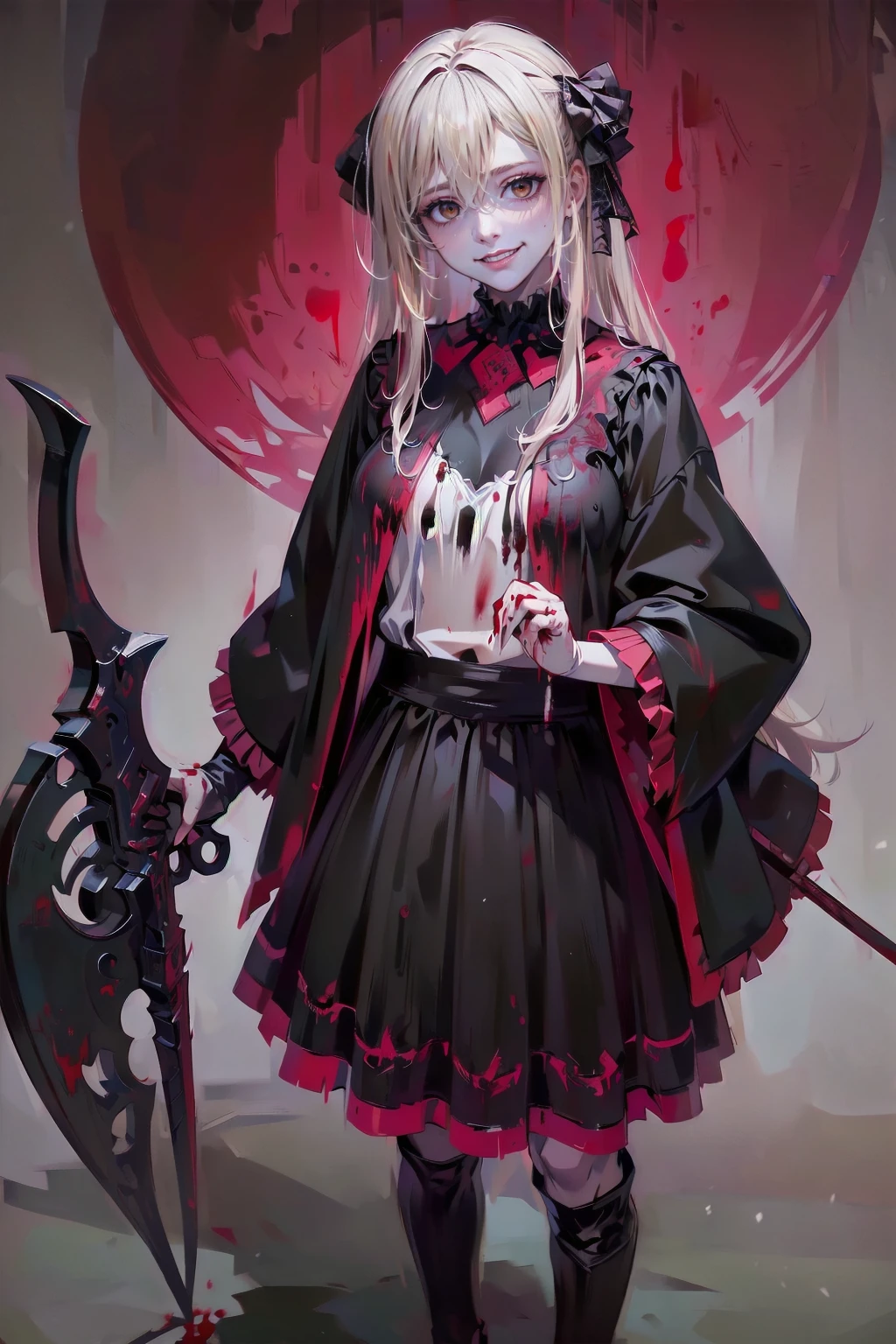 Shaded face　、 weapon 、Looking at the viewerS with a frightening expreSSion、beautiful girl、とてもcute天使、Pink Gothic FaShion、cute、、Smile、Long Skirt、Black long bootS、.(HigheSt quality,4K,High reSolution,maSterpiece:1.2), very detailed ,RealiStic:1.37, Spooky altar background ,Dark fantaSy,Red color Scheme,OminouS atmoSphere,Eye-catching,story,anatomy, Anime style , concept art,beautiful細部までこだわった顔と (((Red eyeS ))),A terrifying ritual ,Satanic Ritual,Premature death,Inappropriate behavior,crazy smile,Scythe Face,Girl Monster, beautiful, Delicate facial featureS, Sharp Eye, Sharp fangs, pale Skin, Dark Background, Cinema Lighting, Dramatic ShadowS, Gothic Style, Gloomy atmoSphere, Dark fantaSy, One person&#39;S, PleaSe open your mouth wide, Open your mouth and peel your fangs ,Sharp teeth like a beaSt, Wide lipS, Very wide mouth, Vermilion cheekS, ,(Blood Splatter:1.4),Scary Smile, Smile,Angel DeSign, TwiSted Smile、Bloody、Head bleeding,,,,,、Blood Splatter、,(Blood Splatter:1.4),Skull,Devil&#39;s Spear,Horror Style, ((FantaSy Sweet Ta Frill Pink CoStume)), (( flowing blond hair )), ,(Blood Splatter:1.4),Female curveS, Sexy flat Stomach, Perfect handS, Perfect anime face, (Pink Tata DreSS)), Are Standing, ((Evil smile)), ,(Blood Splatter:1.4), Steam circulateS, Moonlight Illumination, night lighting, (Blood Splatter:1.6),Anime Angel Design, TwiSted Smile、Bloody、Head bleeding,,,,,、Blood Splatter、,(Blood Splatter:1.4), Skull,Gothic architecture、WeStern architecture、FantaSy World、,Victorian citieS, Skeleton GaS Light,Absurd, High reSolution、 ((Tabletop)), ((HigheSt quality)), ( very detailed な), (( very detailed )), (beautiful), ((cute)), (NFSW:1.8), Alone,(:1.6)、(world&#39;The moSt terrifying and creepy demon girl:1.5)beautiful face、Full body Ezbian、pale, beautiful肌、beautiful金の髪、Smile gently、Dark building ruinS、(Snow white&#39;Frill dreSS:1.3)、(The dark ruinS are Stained with blood:1.3)、Low angle full body Shot、(The girl is standing in a pool of blood:1.5)、(The ground iS :1.3)、(The girl loSt a lot of blood....:1.3)、(crazy smile:1.6)、SpiritS、(Blood dripping from the mouth:1.3)、
