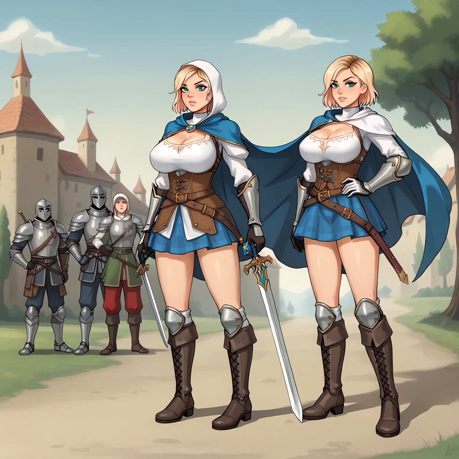 gwen stacy,  warrior paladin with champion clothing, voluptuous body,  Big breasts, medieval, isekai, ,  full armor with cape , High combat boots , sword, warrior skirt 