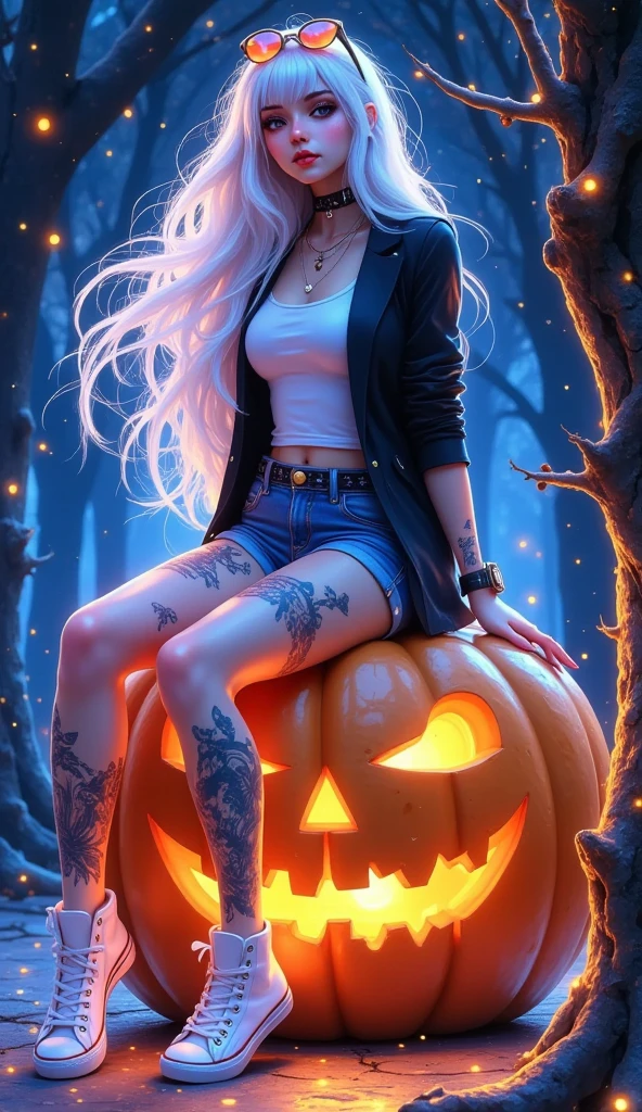  drawing anime cartoon , Photo of a woman sitting on a giant pumpkin, ((  woman with long white hair ,blue,ผมblue, I'm moving. , Sharp face, Serious face,  red lips, White top, Koh Lok,  Black blazer, Jeans,Shorts, canvas shoes,  thick mascara  ,  sunglasses on my hair  ,  tattoos on thighs )) , dynamic movement , Posting dynamic , Halloween, Pumpkin Ghost, floor, Desolate,   Devil Tree  , Night time,    Full Body Image ,    3D rendering , Camera angle, side view 