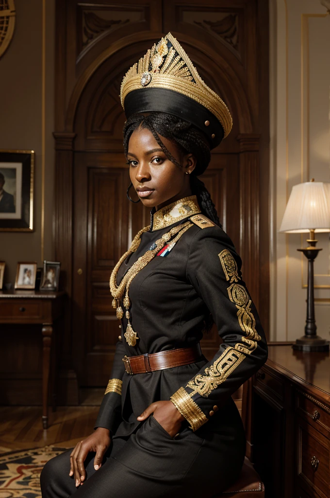 (((Front Facing View))), (Highly Detailed, HD), Beautiful, Stunning, Portrait, Character, young adult, woman, figure, jovial expression, dark skintone, relaxed black hair, dark brown eyes, wearing black victorian era military uniform, stiff fabric with blue stitching, (Symmetrical Detailed Eyes)