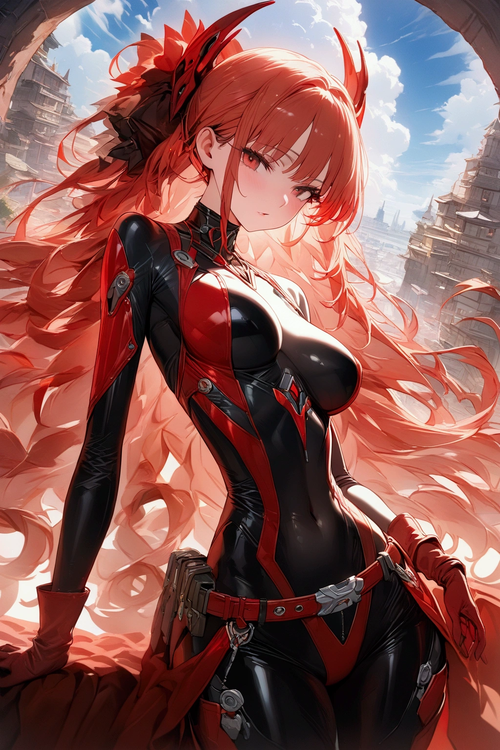 (masterpiece,best quality:1.3),(ultra-detailed,high resolution:1.2),(illustration),((an extremely delicate and beautiful)),(detailed background), solo, 1girl, (She wears bodysuit, red gloves, belt), highres, extremely detailed CG unity 8k wallpaper, perfect lighting, Colourful, ultra-high res,4K,ultra-detailed, photography, 8K, HDR, 