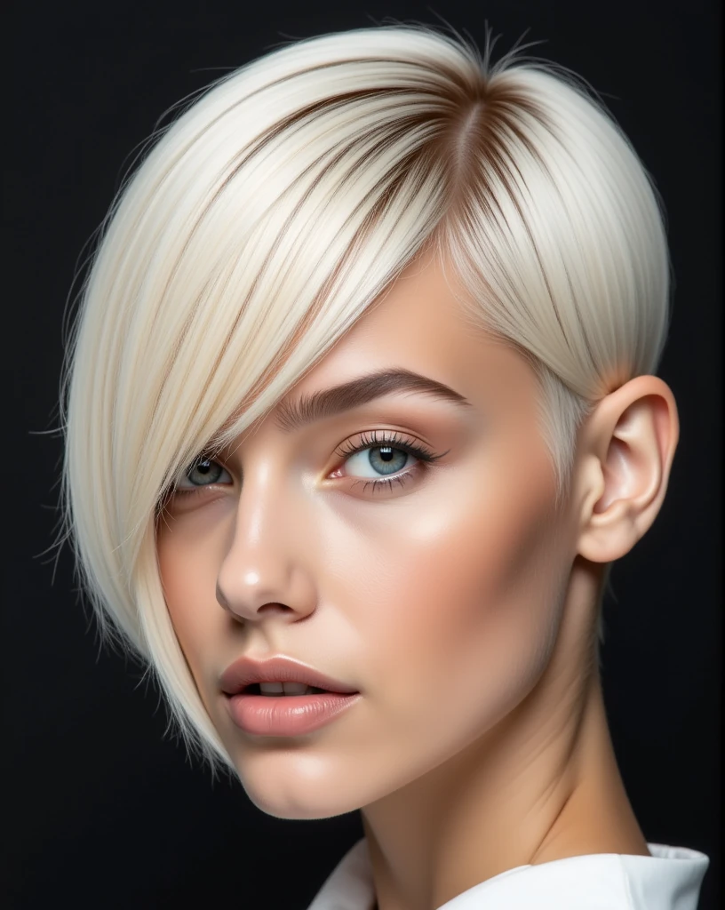 Close-up portrait of Nexia a young woman with a platinum striking asymmetrical haircut:
Short, asymmetrical cut with one side significantly shorter on the right than the other. On the right side, the short side descends to the mouth and is placed behind the ear, while on the left it falls in soft layers just below the chin. The hair has a smooth texture. The separation is well defined and positioned far on the side near the ear, creating a strong contrast between hair lengths. The overall look is sharp, modern and elegant, with the blonde color adding a bright and striking effect.
Image style: High-fashion editorial, ultra-sharp focus, hyper-realistic detail