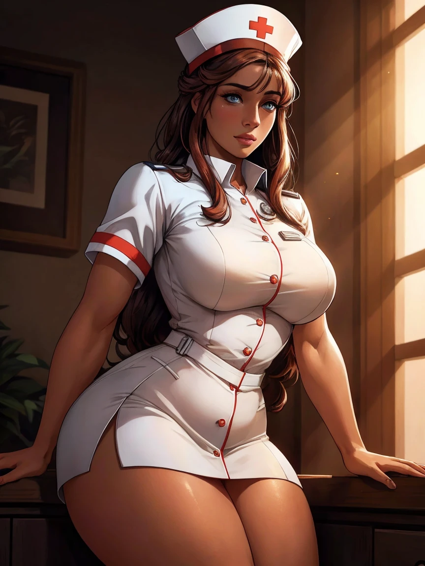 a beautiful nurse with deep neckline, very short skirt, thick thighs, wearing nurse's outfit and hat, (best quality,4k,8k,highres,masterpiece:1.2),ultra-detailed,(realistic,photorealistic,photo-realistic:1.37),detailed eyes and face, highly detailed uniform, shiny skin, seductive pose, soft lighting, warm colors, chiaroscuro lighting