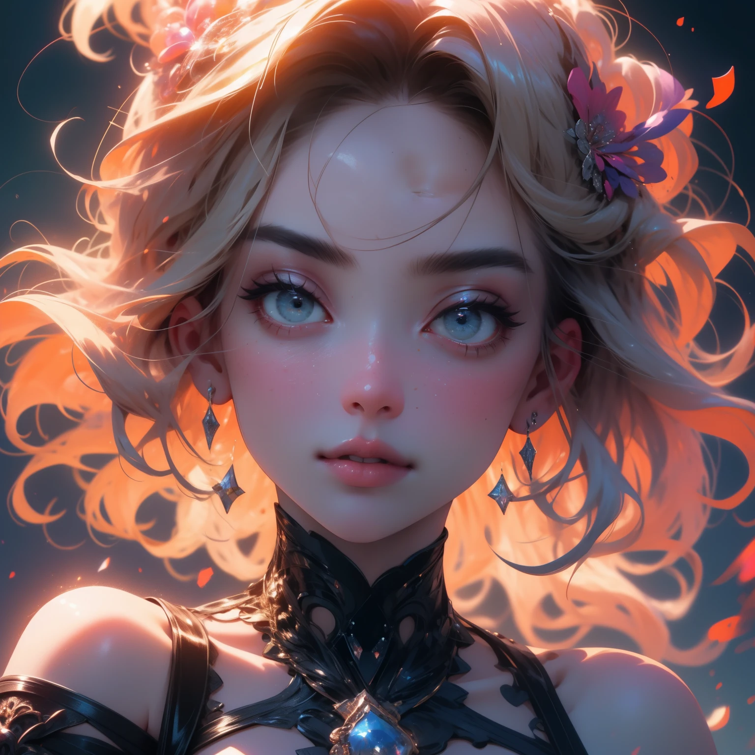 Beautiful female face, wearing an eliza sanches, beautiful demonic eyes, intricate, cleavage, soft lips, smiling, naughty, seductive look, freckles, side chest, under chest, tanned