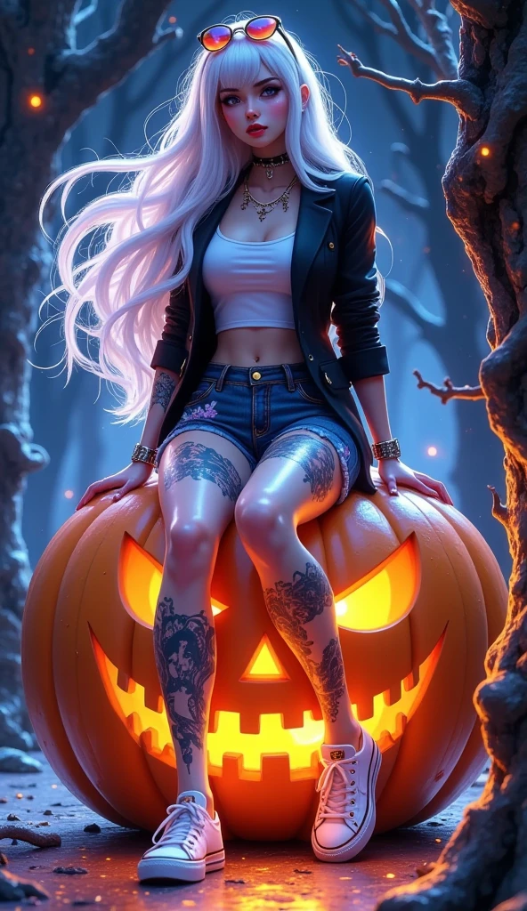  drawing anime cartoon , Photo of a woman sitting on a giant pumpkin, ((  woman with long white hair ,blue,ผมblue, I'm moving. , Sharp face, Serious face,  red lips, White top, Koh Lok,  Black blazer, Jeans,Shorts, canvas shoes,  thick mascara  ,  sunglasses on my hair  ,  tattoos on thighs )) , dynamic movement , Posting dynamic , Halloween, Pumpkin Ghost, floor, Desolate,   Devil Tree  , Night time,    Full Body Image ,    3D rendering , Camera angle, side view 