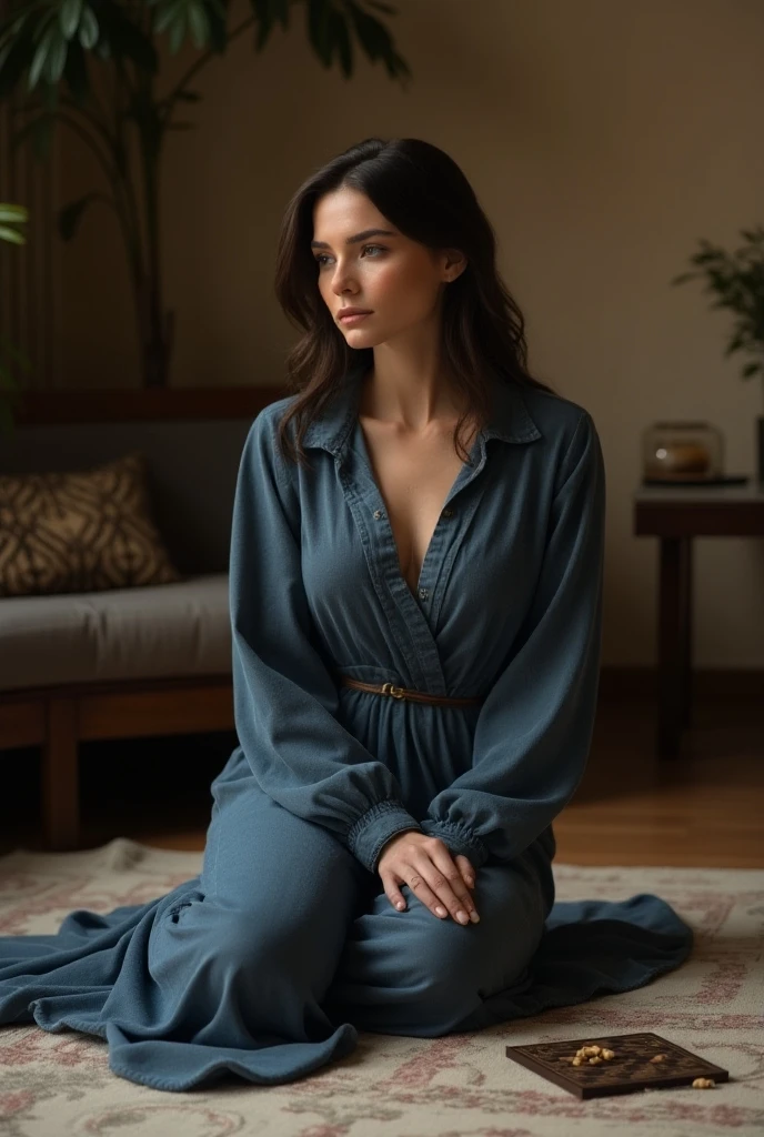 RAW photo,dark,moody,hazy atmosphere,35mm focal lenght,underexposed,cold,candid photograph,artistic,full body,photo of a beautiful,high-society,rich,elegant,30yo Iranian woman,detailed skin,naked,Kaftan, looking at viewer, thick body structure,grey background,no background, candid pose,dim room,blue light, film grain, kodak color, instagram LUT