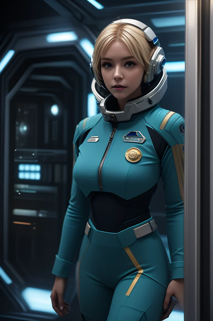 (masterpiece:1.4),(best quality,photorealistic), A beautiful Blonde woman with short hair, 28 years old, she is wearing a full length Teal space suit, she has perfect hands and face, ((she is standing in the door  way of a giant space ship)), there computers and flight controls, and exclusive, Luxury, you can see a moon out of the window, space nebulas, planets, control panel, she is sitting in a large space, she wears a gold badge