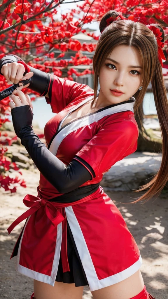 Mai Shiranui, (best quality, ultra-detalhado, Realistic:1.37), rosto delicado, rosto detalhado, angry expression, corpo perfeito, Textura ultrarrealista, Retrato, vivid colors, soft lighting