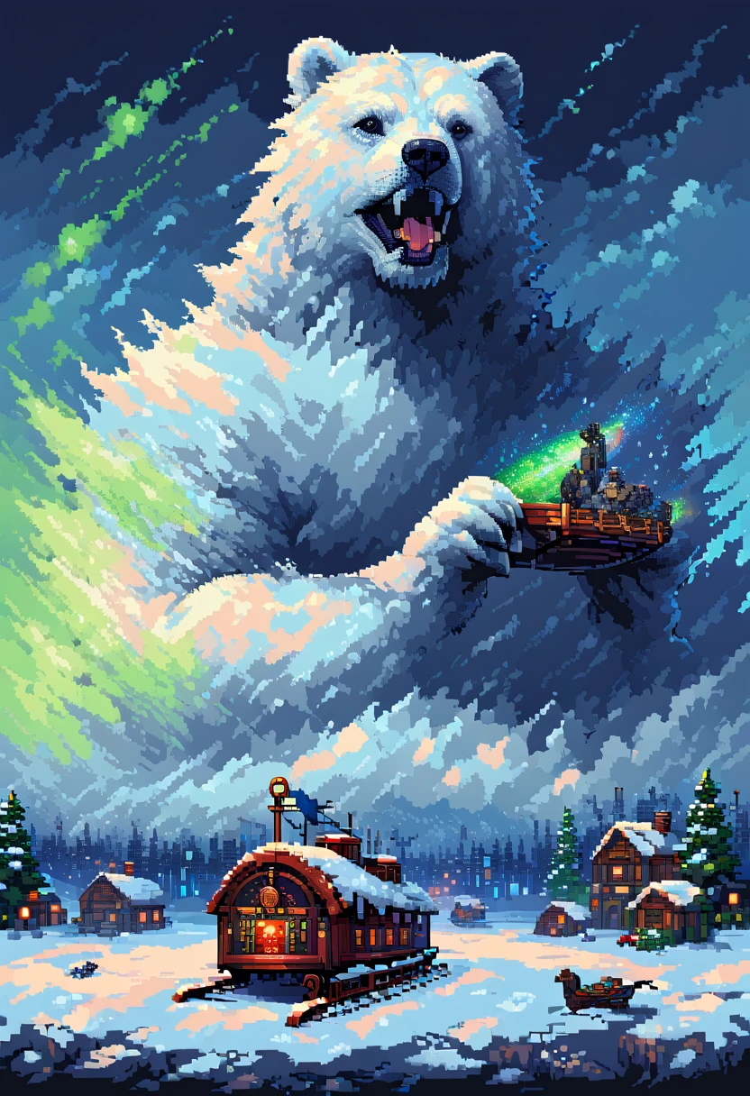 16-bit pixel art, promotional poster, promotional art for "The Golden Compass," 16bit video game art, for a game based on renowned novel "The Golden Compass" by Philip Pullman, BREAK: (it features ((a blonde girl in arctic weather gear)) , a white ermine, a frozen dead fish, a massive polar bear (wearing plate armor), there are sled-dog teams running in snow, there are groups of ren, experimental facilities fade into the background, BREAK: above everything is the northern lights, northern lights in 16-bit rendering, and in the lights is the outline of a cityscape, BREAK: apxlz, ral-pxlprtcl 