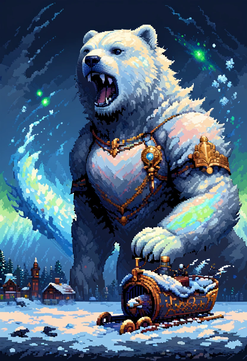 16-bit pixel art, promotional poster, promotional art for "The Golden Compass," 16bit video game art, for a game based on renowned novel "The Golden Compass" by Philip Pullman, BREAK: (it features ((a blonde girl in arctic weather gear)) , a white ermine, a frozen dead fish, a massive polar bear (wearing plate armor), there are sled-dog teams running in snow, there are groups of ren, experimental facilities fade into the background, BREAK: above everything is the northern lights, northern lights in 16-bit rendering, and in the lights is the outline of a cityscape, BREAK: apxlz, ral-pxlprtcl 