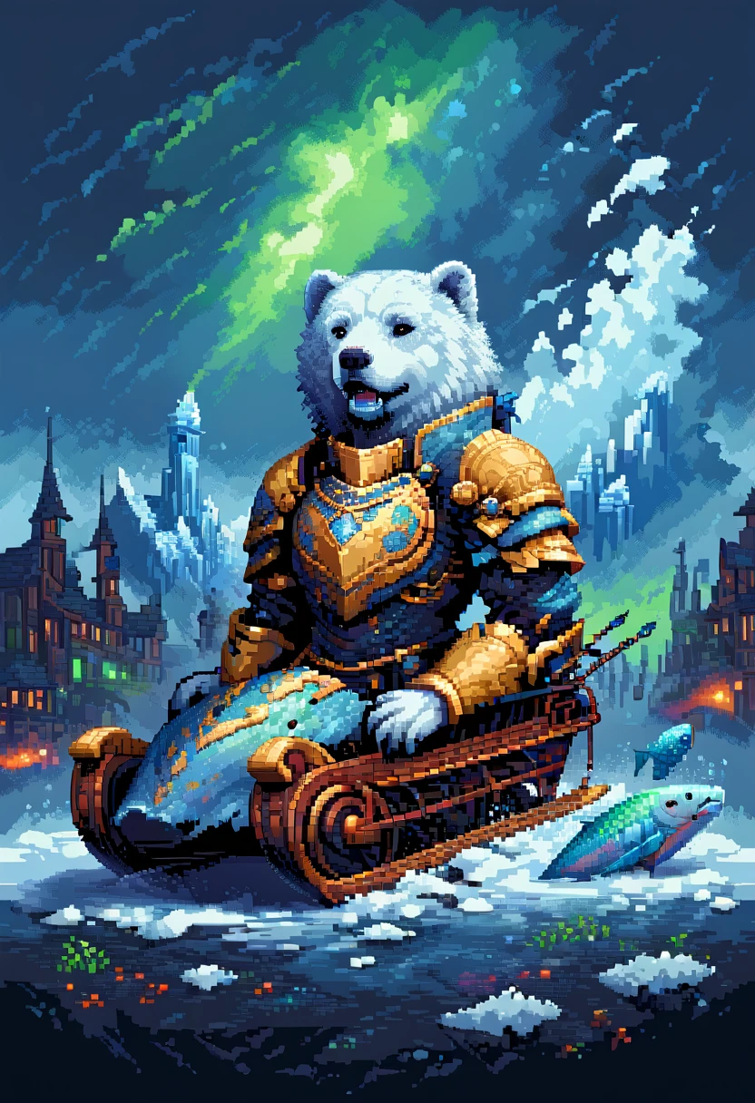 16-bit pixel art, promotional poster, promotional art for "The Golden Compass," 16bit video game art, for a game based on renowned novel "The Golden Compass" by Philip Pullman, BREAK: (it features ((a blonde girl in arctic weather gear)) , a white ermine, a frozen dead fish, a massive polar bear (wearing plate armor), there are sled-dog teams running in snow, there are groups of ren, experimental facilities fade into the background, BREAK: above everything is the northern lights, northern lights in 16-bit rendering, and in the lights is the outline of a cityscape, BREAK: apxlz, ral-pxlprtcl 