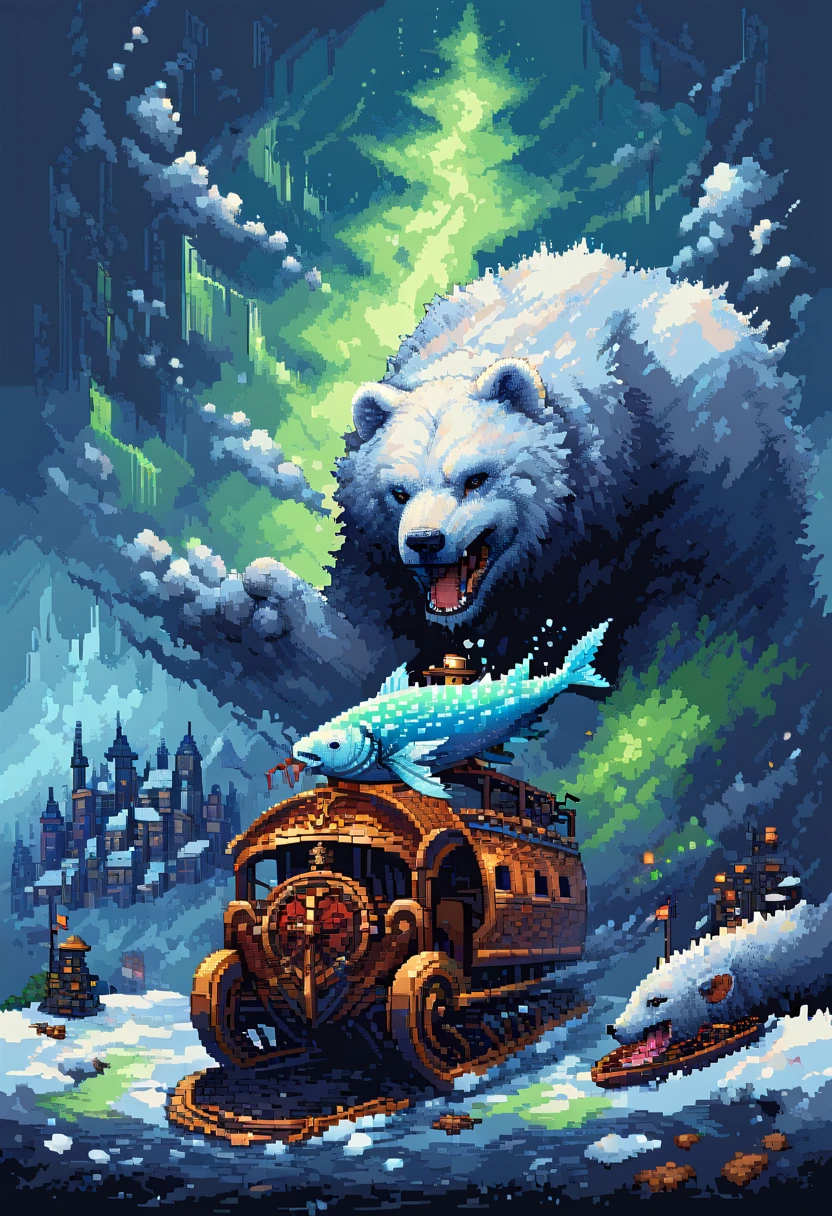 16-bit pixel art, promotional poster, promotional art for "The Golden Compass," 16bit video game art, for a game based on renowned novel "The Golden Compass" by Philip Pullman, BREAK: (it features ((a blonde girl in arctic weather gear)) , a white ermine, a frozen dead fish, a massive polar bear (wearing plate armor), there are sled-dog teams running in snow, there are groups of ren, experimental facilities fade into the background, BREAK: above everything is the northern lights, northern lights in 16-bit rendering, and in the lights is the outline of a cityscape, BREAK: apxlz, ral-pxlprtcl 